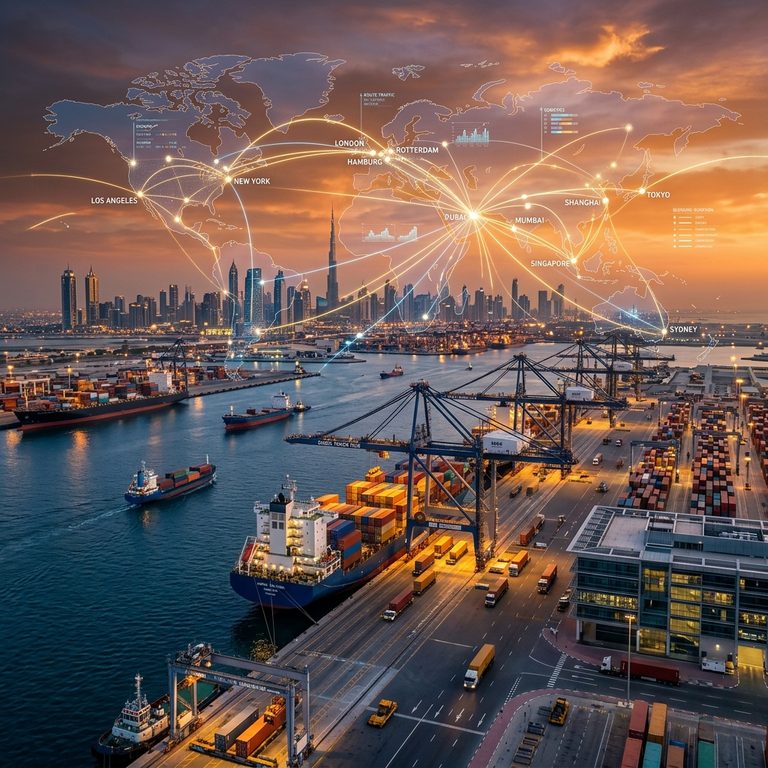 Container terminal operations at the Jabal Ali trade district in Dubai