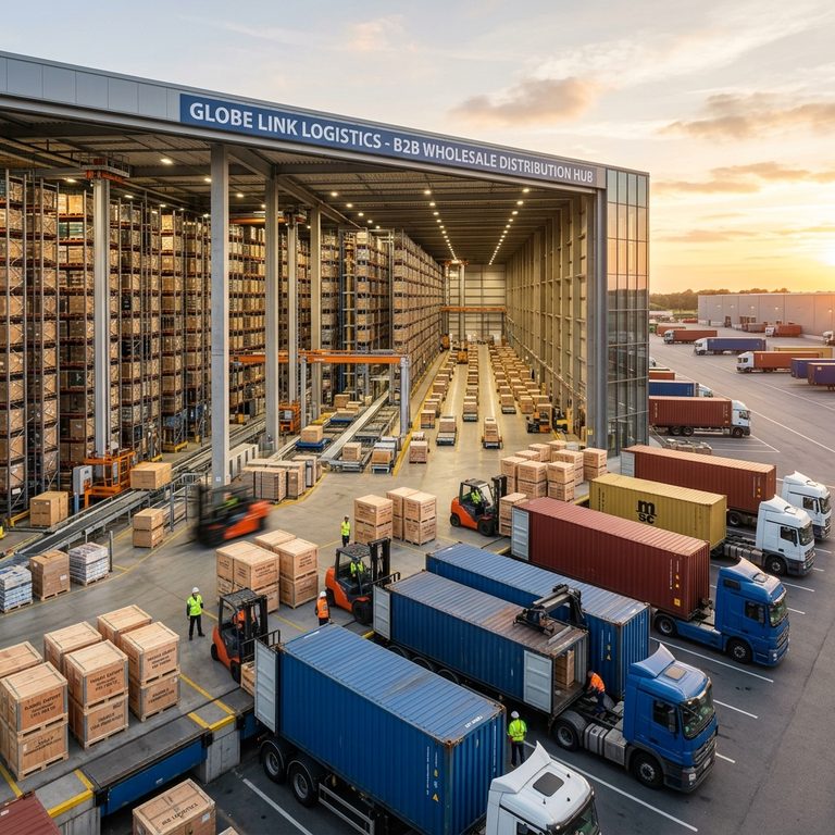 Palletised cartons staged in a wholesale distribution warehouse